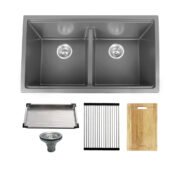 32" Workstation Under Mount 50/50 Double Bowl Kitchen Sink with Strainer - Image 5