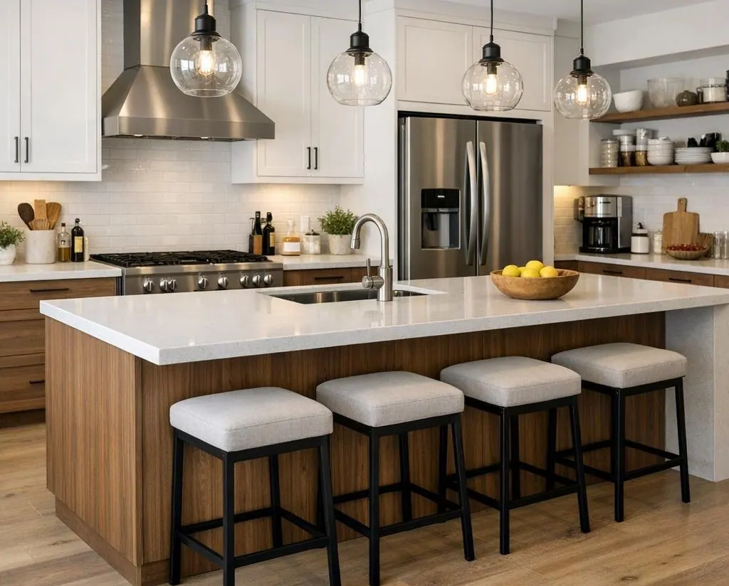 Modern kitchen with island, chimney hood and undermount sink