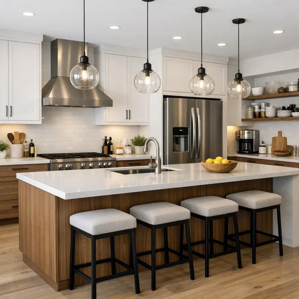 Modern kitchen with island, range hood and undermount sink