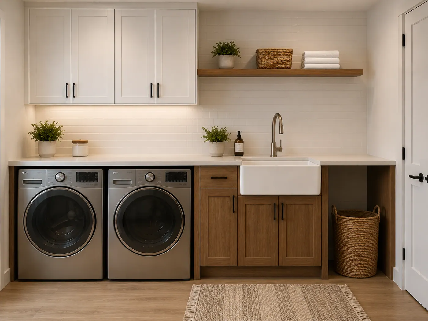 Laundry room with farmhouse sink and vinyl plank flooring