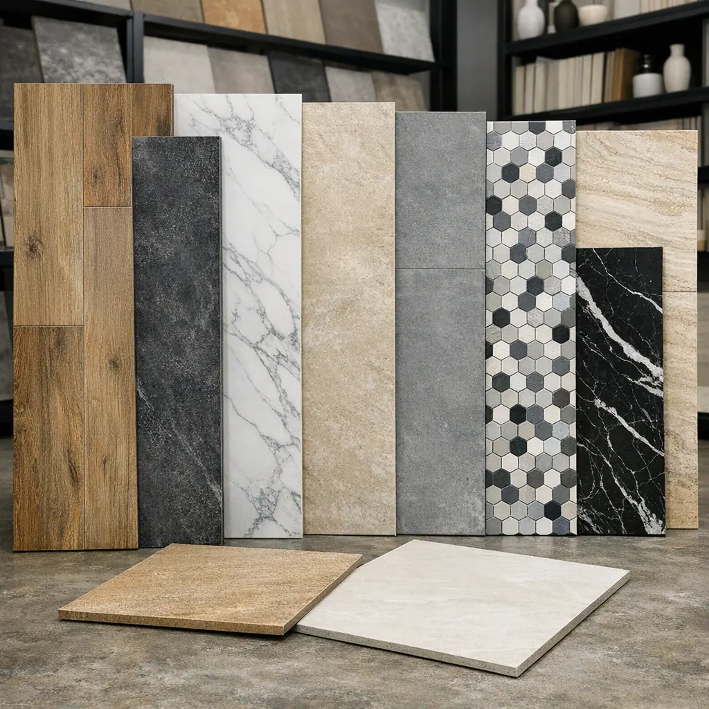 Tile, stone and wood flooring samples
